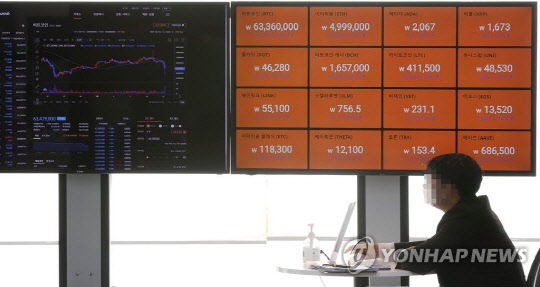 지난 13일 오전 서울 빗썸 강남센터 라운지 스크린에 가상화폐 시세들이 띄워져 있다 연합뉴스